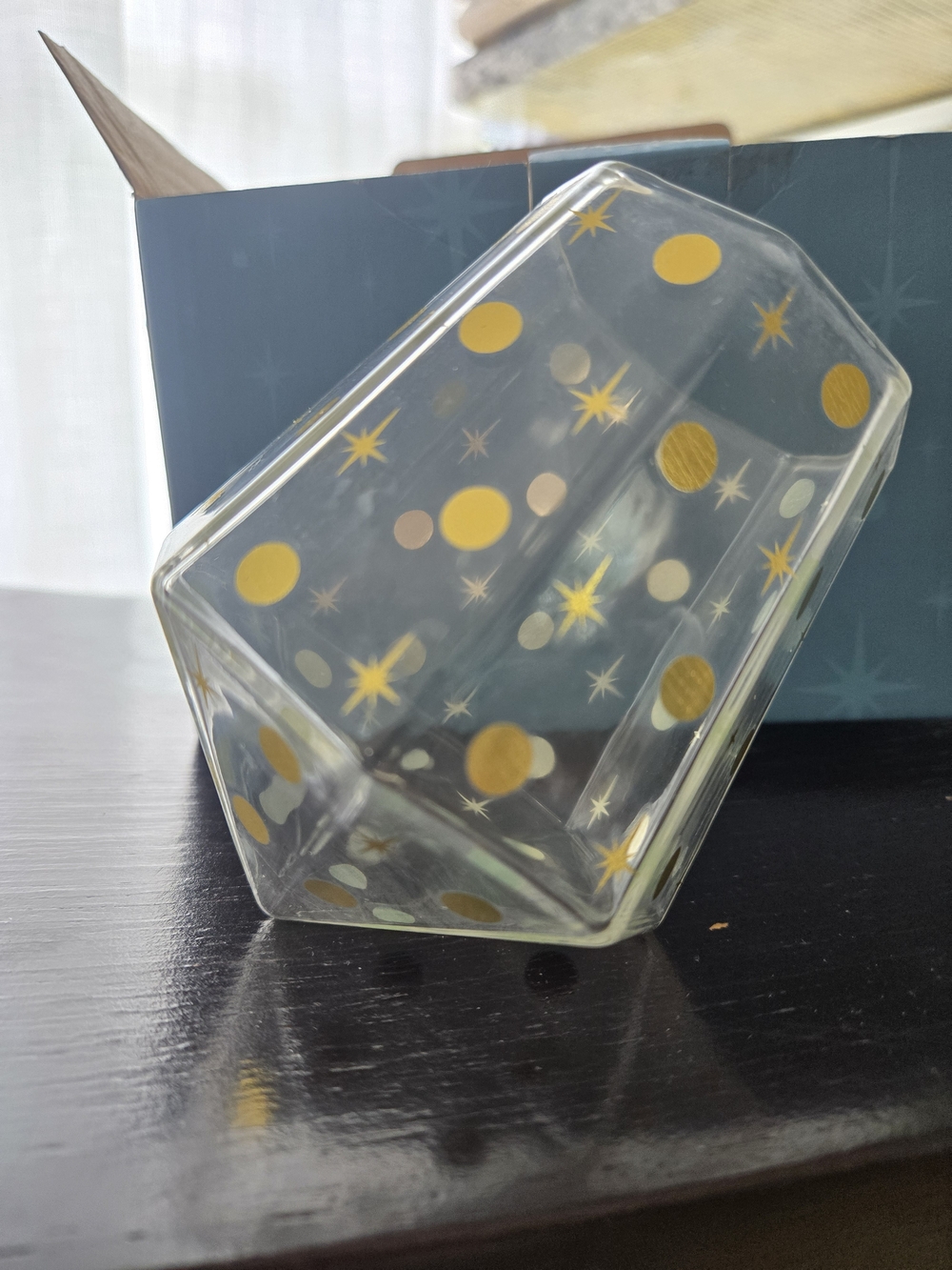 Faceted Glass Diamond Tumbler Set with Gold Dot & Star Pattern